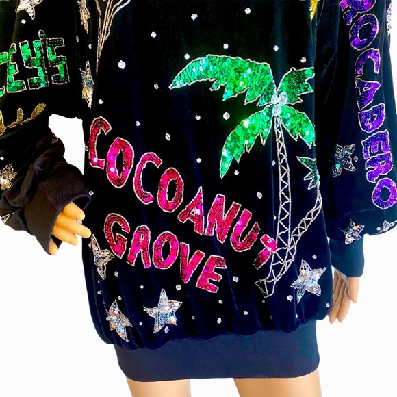 🆕 VINTAGE 80s BONNIE BOERER & CO VELVET SEQUIN HOLLYWOOD NIGHTCLUB SWEATSHIRT - Picture 10 of 16